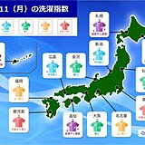 11日(月)の「洗濯指数」　関東や東海では洗濯日和