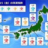 15日(金)の「洗濯指数」　洗濯日和の所が多い　東海以西は厚手の物もよく乾きそう