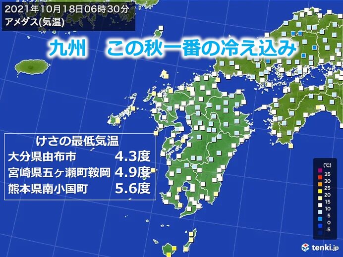 九州 この秋一番の冷え込み 最低気温5度を下回る 今週は低温傾向が続く 気象予報士 山口 久美子 21年10月18日 日本気象協会 Tenki Jp