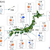 19日(火)の天気　午後は広く雨や雷雨　東海など激しく降る所も