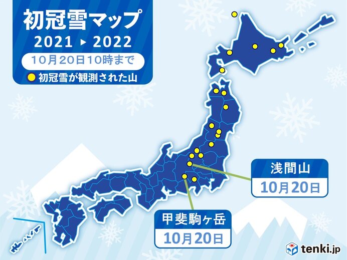 浅間山・甲斐駒ヶ岳　初冠雪　平年より早い観測