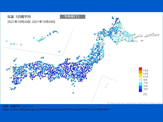 20日 24日 全国的に季節先取りの低温 5日間平均気温 平年差4 以上の所も 気象予報士 日直主任 2021年10月25日 日本気象協会 Tenki Jp