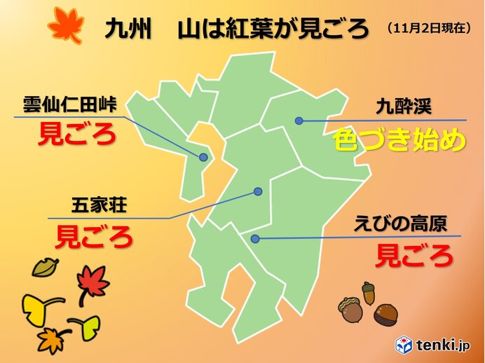 九州 山は紅葉見ごろ 来週は初冬の寒さに 冬支度を進めよう 気象予報士 山口 久美子 21年11月02日 日本気象協会 Tenki Jp