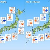 8日月曜～9日火曜　九州～関東甲信　落雷・突風・局地的な「非常に激しい雨」に注意