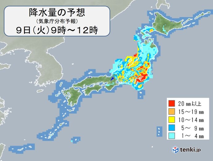9日(火)の天気　近畿～関東は午前中　東北、北海道は午後は非常に激しい雨の恐れ