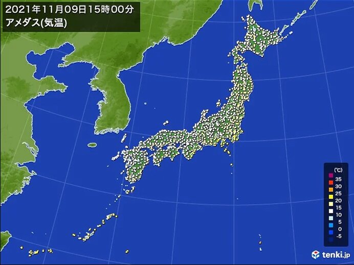 冬のような寒さの西日本 気温師走並みに 北海道は軒並み気温上昇 気象予報士 日直主任 21年11月09日 日本気象協会 Tenki Jp