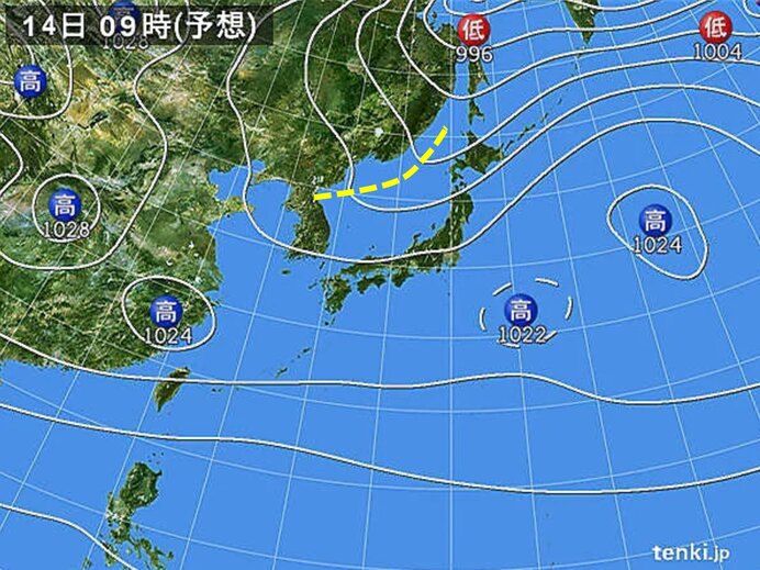 日本海から気圧の谷が近づく