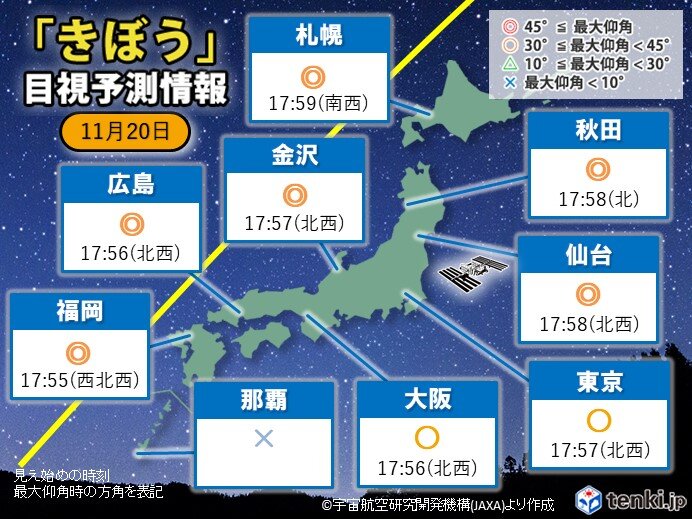 20日午後6時前　「きぼう　国際宇宙ステーション(ISS)」を見られるチャンス
