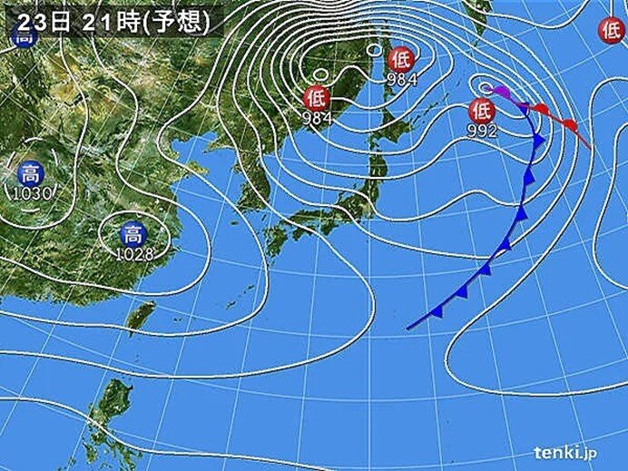 23日(火)　低気圧が発達　日本列島に寒気流入