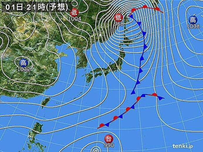 1日(水)　低気圧が急速に発達　前線の通過後は西回りで寒気が流れ込む