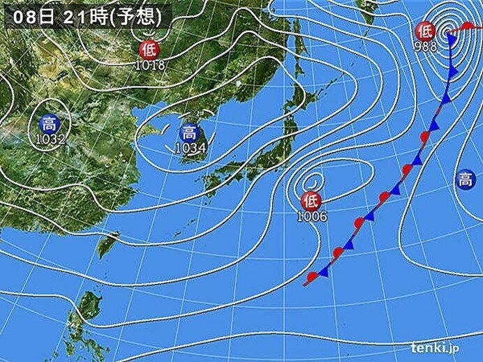 8日(水)の関東地方　広く雨が降り続く　北風も強く吹く