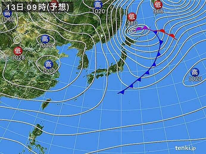 13日頃　冬型の気圧配置　北海道や東北の日本海側は暴風雪の恐れ