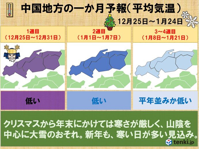 中国地方1か月予報　クリスマスから今季一番の寒波襲来　新年も寒さの厳しい日が多い