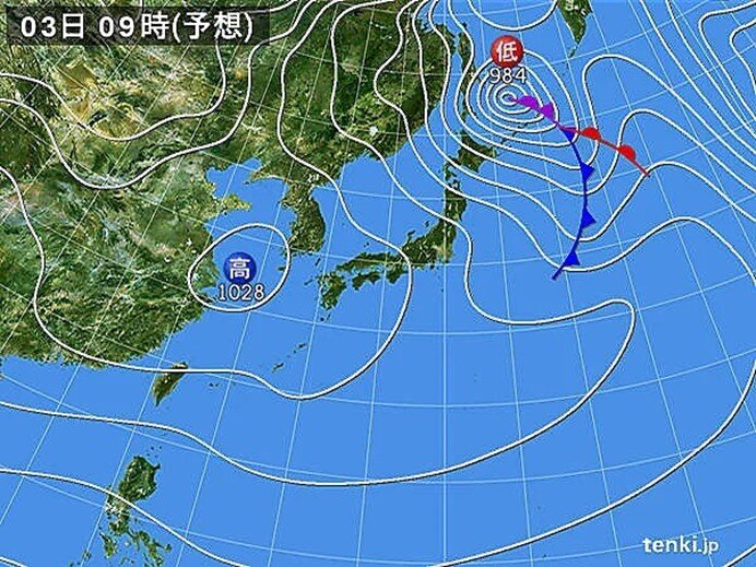 2日夜は北日本を前線が通過　3日～5日頃は冬型の気圧配置　強い寒気流入