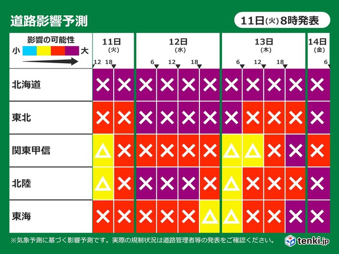 道路影響予測　12日～14日頃　強い冬型の気圧配置　暴風雪や大雪で交通に影響も