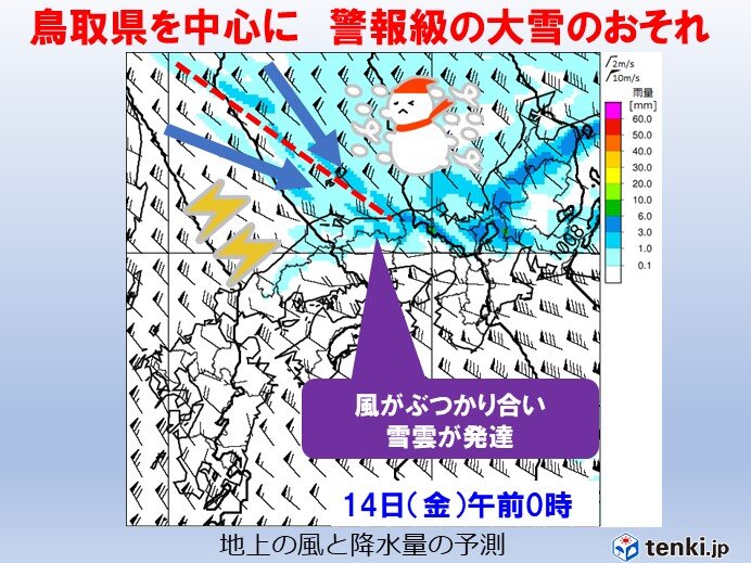 大雪の中心は鳥取県と岡山県の北部に