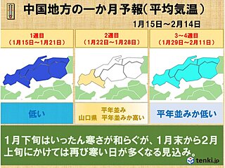 中国地方1か月予報　寒さの厳しい日が多い　1月下旬には寒さの緩む日も