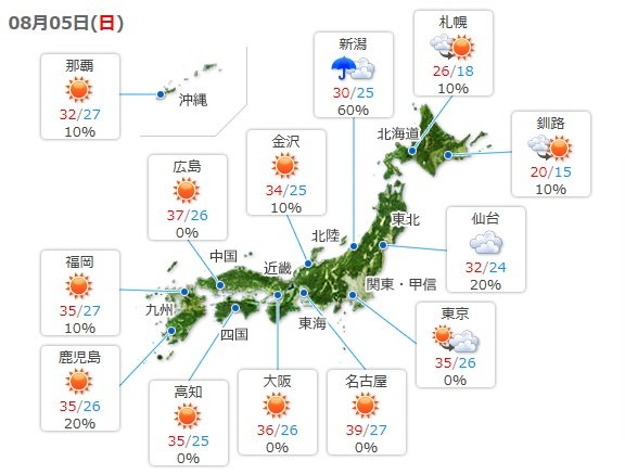 5日(日)　北海道や東北は雨　関東も日差し少なめ