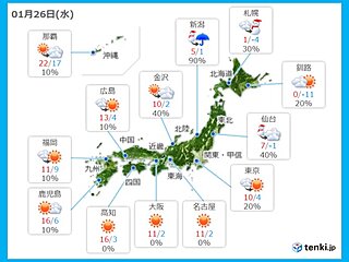 26日(水)の天気　北海道と東北　夜は雪の降り方が強まり、積雪が急増するおそれも