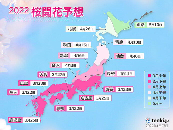 22年桜開花予想 第1回 今年の開花は全国的に平年並み 東京は3月23日 気象予報士 望月 圭子 22年01月27日 日本気象協会 Tenki Jp