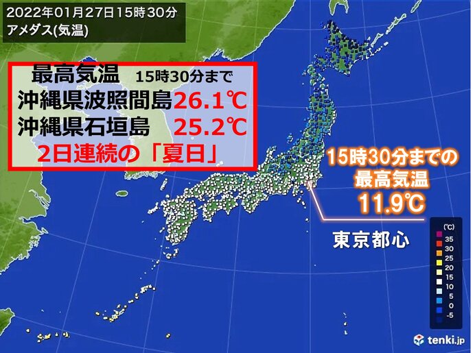 27日木曜の最高気温　寒中なのに　沖縄は2日連続「夏日」の所も　那覇は4月並み