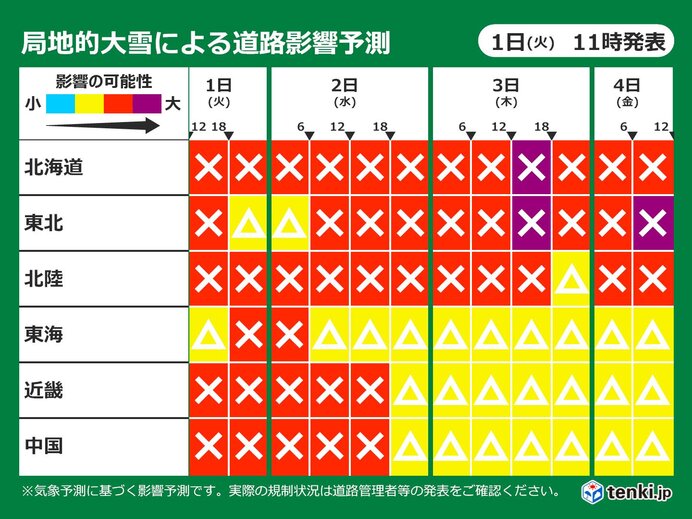 今夜　日本海側は雪の強まりに注意　道路影響予測