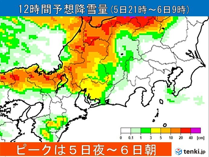 東海地方の予想降雪量