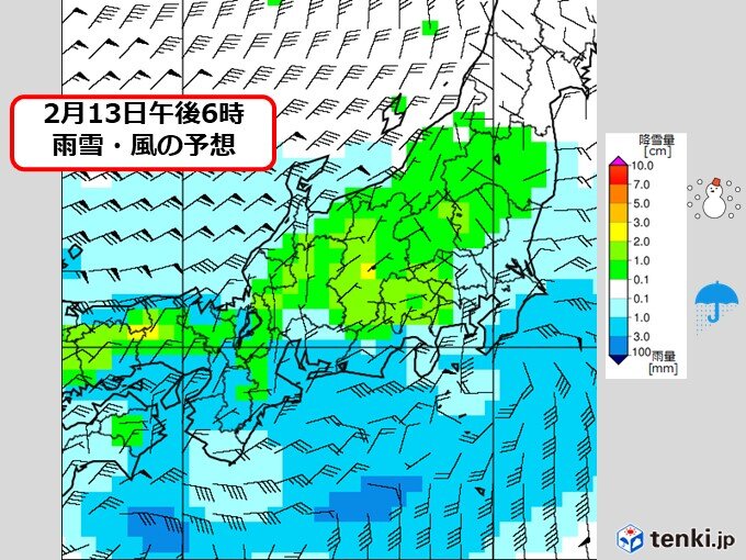 13日(日)夕方には関東甲信の広範囲で雪や雨