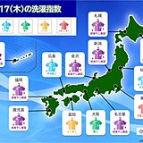 17日　洗濯指数　日本海側を中心に「部屋干し推奨」　外干しできる所も強風注意