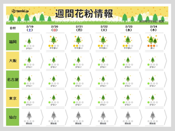 週間花粉情報　福岡は「多い」日も　東京もすでに飛散開始　「少ない」予想でも対策を