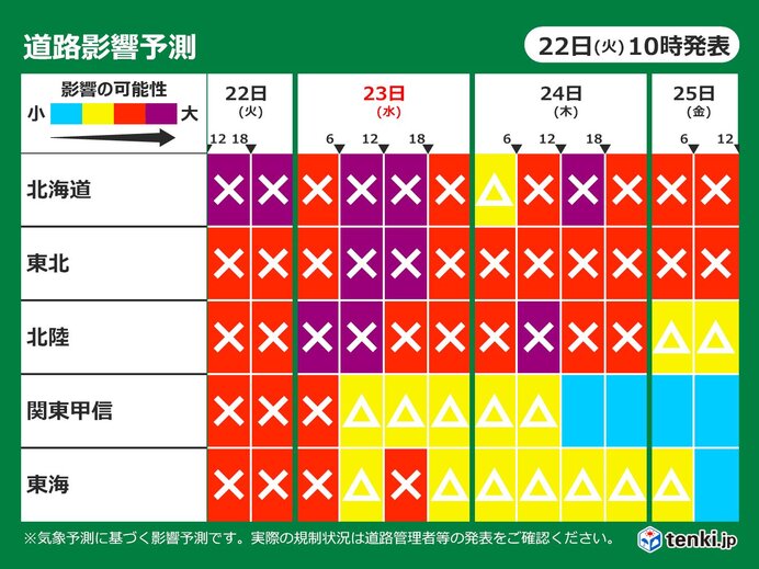 23日も雪やふぶき　北陸など24日にかけても「道路影響予測」リスク高い