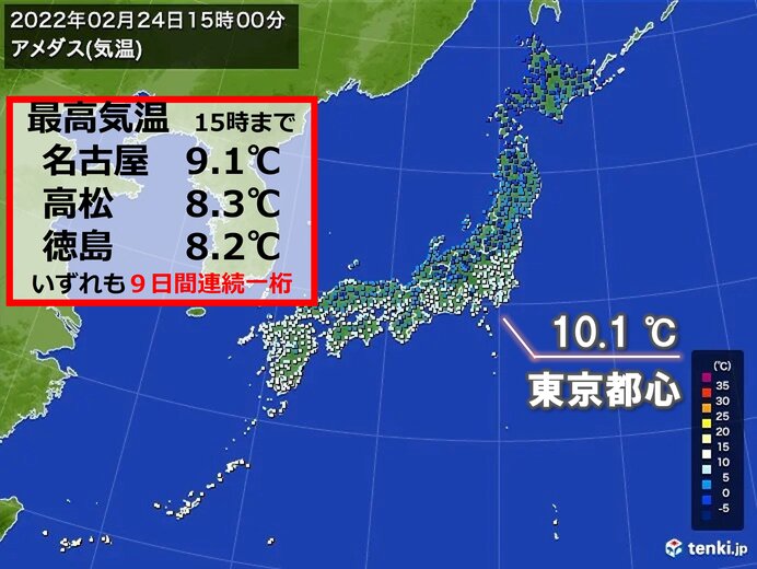 2月後半でも寒さ継続 最高気温 名古屋など9日間連続一桁 高松 徳島は26年ぶり 気象予報士 日直主任 22年02月24日 日本気象協会 Tenki Jp