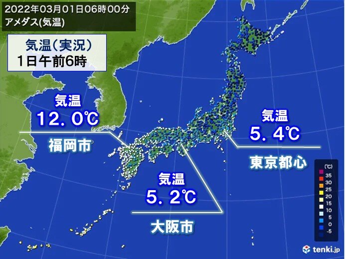 冷え込み緩む　福岡は6時の気温12℃　暖かな朝に