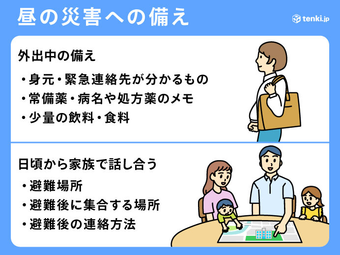 昼の災害　外出先での被災　事前に家族で話し合うことも大切