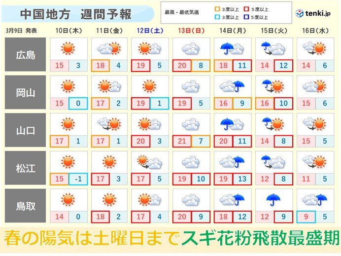 スギ花粉飛散の最盛期　13日(日)にかけて非常に多く飛ぶ