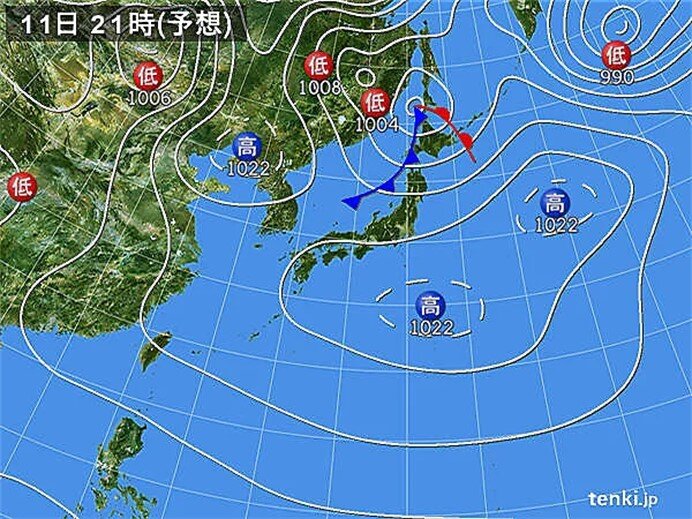 広く晴れるが、北海道と東北の日本海側は雨や雪