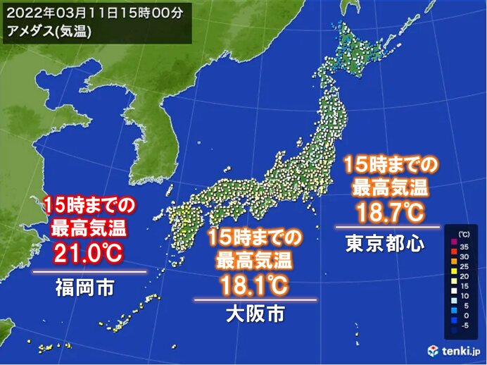 東京は今年1番の最高気温 福岡は今年初度台 朝と日中の気温差24度以上の所も 気象予報士 日直主任 22年03月11日 日本気象協会 Tenki Jp