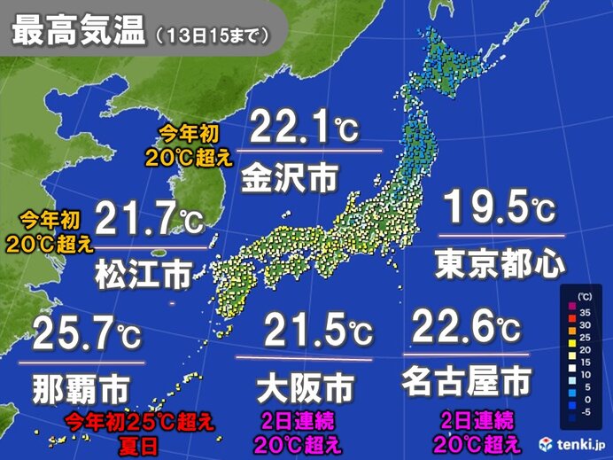 九州～東海　20℃超え続出　今年一番の暖かさ　あす14日は関東で夏日に迫る所も