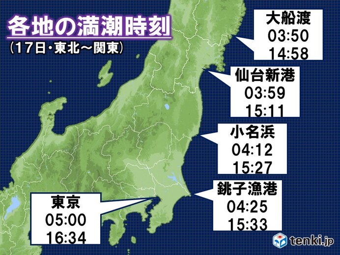 津波　17日　各地の満潮時刻　大潮の時期　潮位変化に注意
