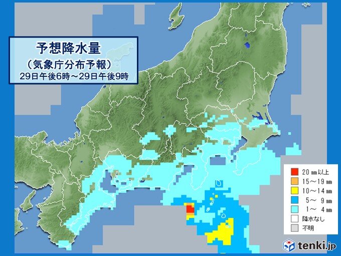 帰宅時間帯　関東南部に雨雲かかる