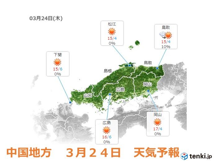 中国地方　今日(24日)は暖かさ復活　明日は5月並みの気温の所があり花粉大量飛散