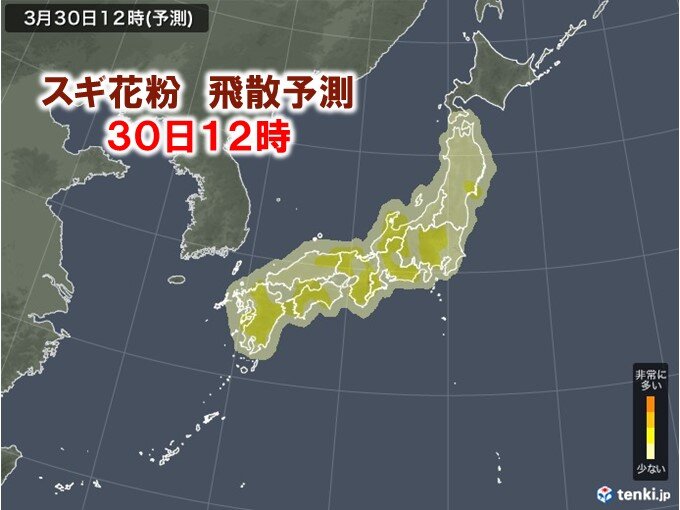 30日(水)　九州～東北で「非常に多い」または「多い」