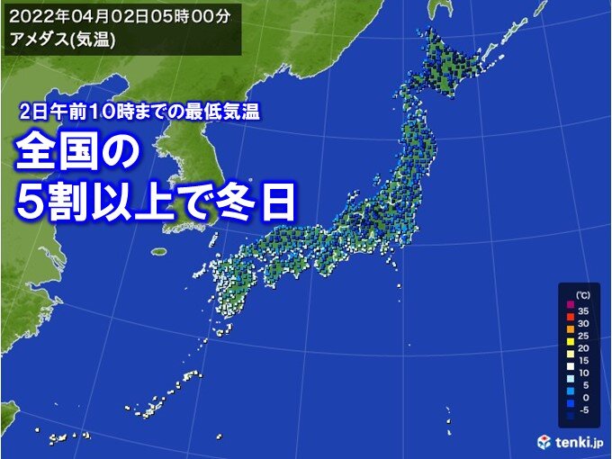 4月最初の土曜日　朝の冷え込み強まる　全国5割以上で冬日