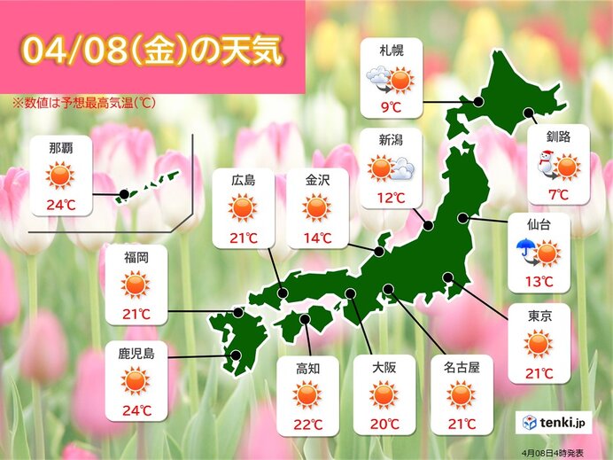 8日　北海道～北陸・近畿北部も天気回復　全国的に春の日差しが届く　紫外線対策を