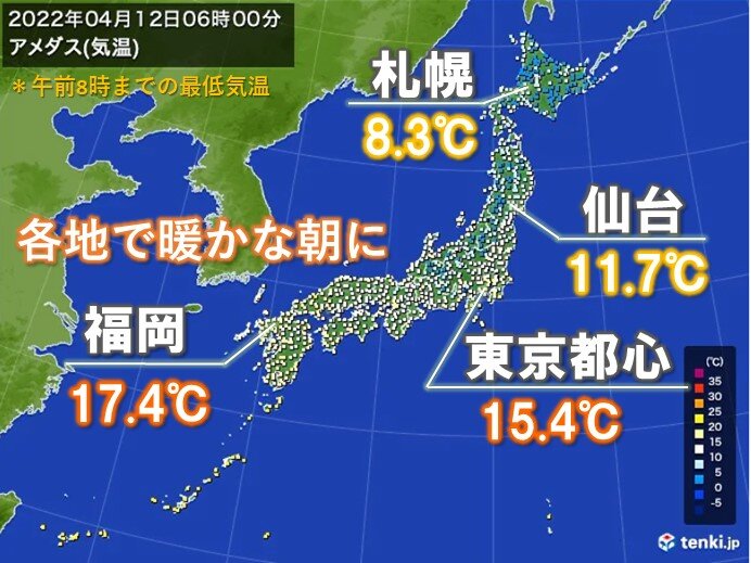 暖かな朝に 東京都心 今年初めて15 を下回らず 日中は初夏の陽気に 気象予報士 日直主任 22年04月12日 日本気象協会 Tenki Jp