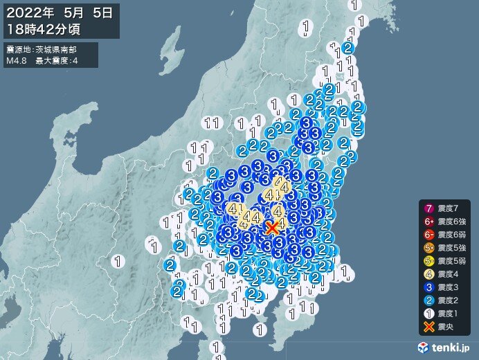 茨城県 栃木県 群馬県で震度4の地震 津波の心配なし 気象予報士 日直主任 22年05月05日 日本気象協会 Tenki Jp