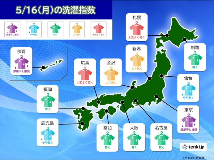 きょう16日の洗濯情報 日本海側は洗濯日和 太平洋側はあいにくの天気に 気象予報士 日直主任 22年05月16日 日本気象協会 Tenki Jp