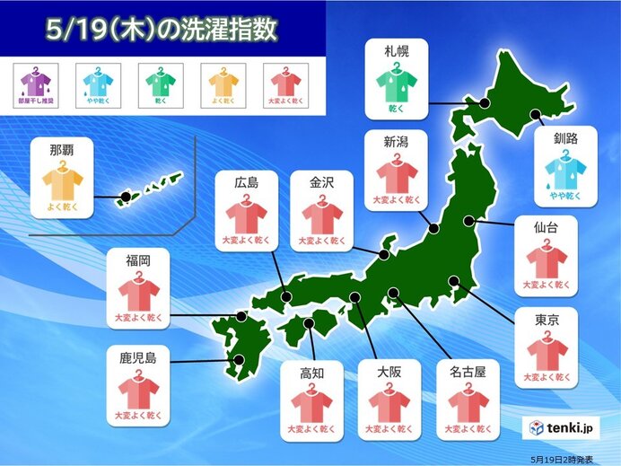 19日(木)洗濯指数　全国の広範囲で外干しOK　北海道はにわか雨注意