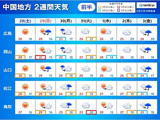 中国地方　2週間天気　梅雨入り間近の貴重な晴天を大切に　今週末まずまずの休日日和