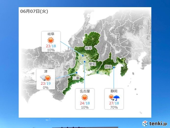 東海地方 7日は晴れる所多い 気象予報士 奥平 雄太 22年06月07日 日本気象協会 Tenki Jp